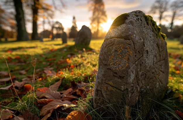 Autumn sunset over ancient standing stones