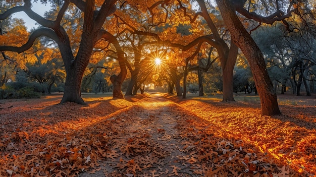 Autumn Sunset Path with Oak Trees Generative AI