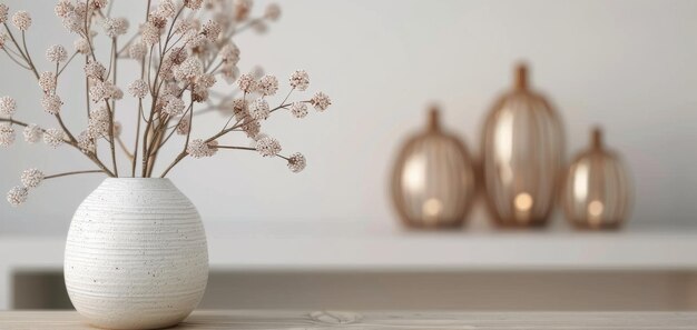 Photo autumn table arrangement with decorative vases and lanterns in cozy setting