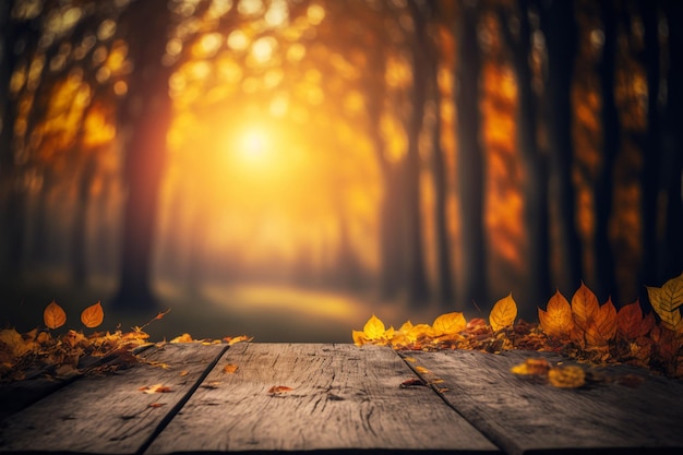 Autumn Table - Orange Leaves And Wooden Plank At Sunset In Defocused Forest