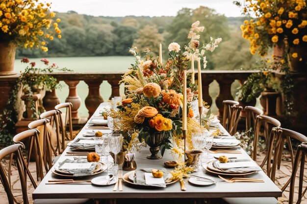 Autumn table scape autumnal dinner table setting in English countryside style with flowers