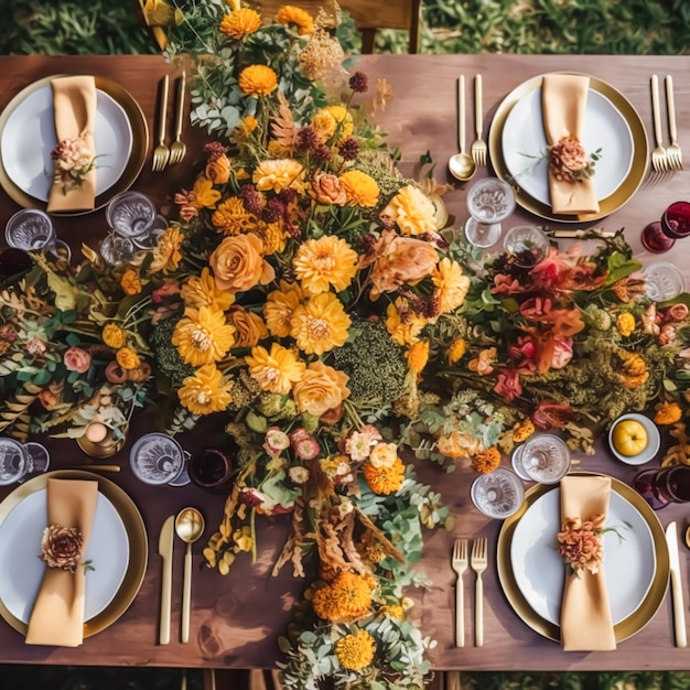 Autumn table scape autumnal dinner table setting holiday tablescape for wedding birthday or party event celebration generative ai