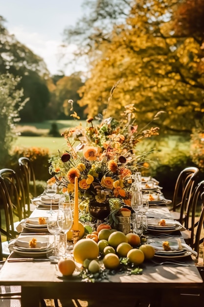 Autumn table scape autumnal dinner table setting holiday tablescape for wedding birthday or party event celebration generative ai