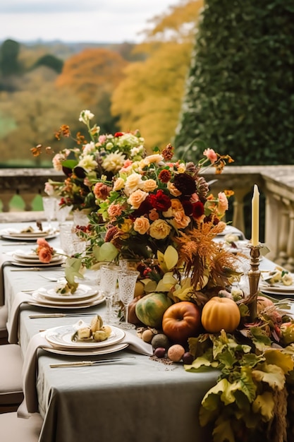 Autumn table scape autumnal dinner table setting holiday tablescape for wedding birthday or party event celebration generative ai