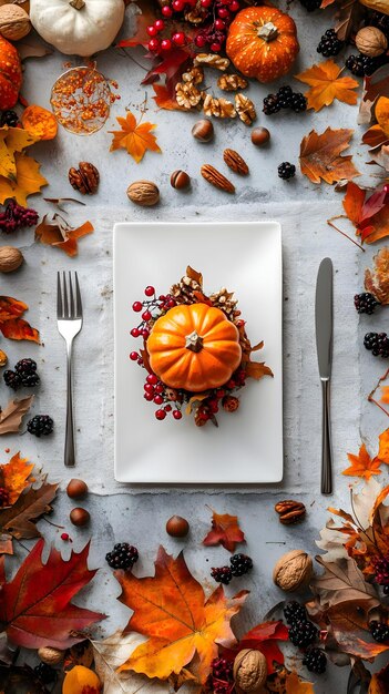 Photo autumn table setting with pumpkin and fall leaves