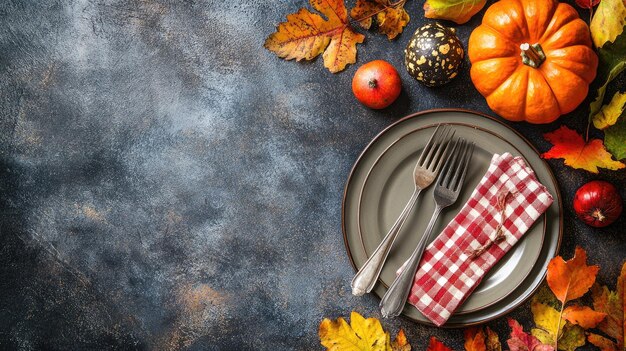 Photo autumn table setting with pumpkins fall leaves and rustic decor elements