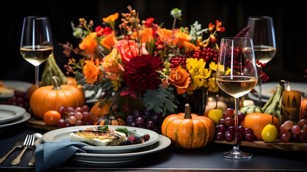 Autumn table setting with pumpkins grapes cheese and wine for halloween and thanksgiving