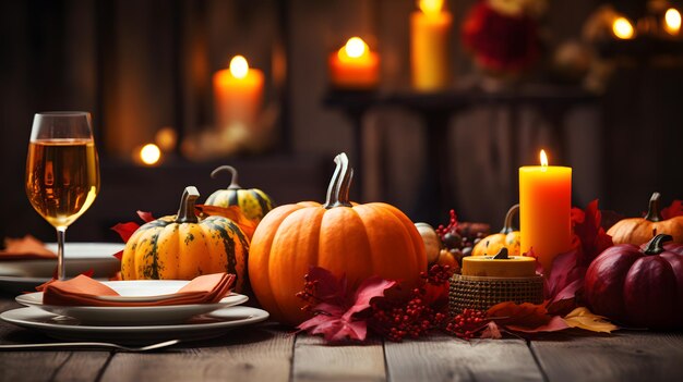 Autumn table setting with pumpkins grapes cheese and wine for halloween and thanksgiving