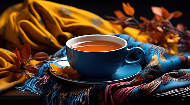 Autumn Tea Time A Warm Cup of Tea on a Blue Scarf Surrounded by Vibrant Orange Leaves