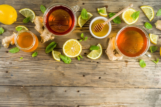 Autumn tea with mint and lemon with ingredients