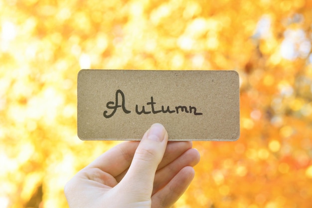 Autumn text on a card Girl holding card in autumn park in sunny rays