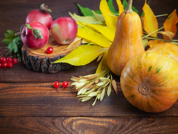 Autumn  Thanksgiving Day Pumpkin, apples, yellow foliage, viburnum berries, on a wooden textured background