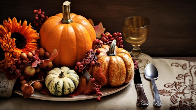 Autumn thanksgiving dinner table setting with pumpkin