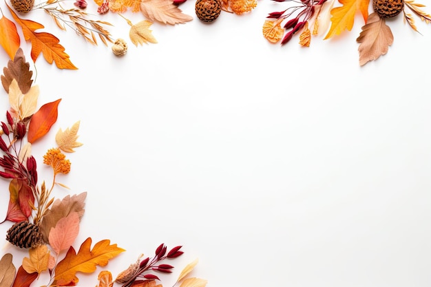 Autumn themed composition with dried flowers and leaves on a white background Flat lay top view copy