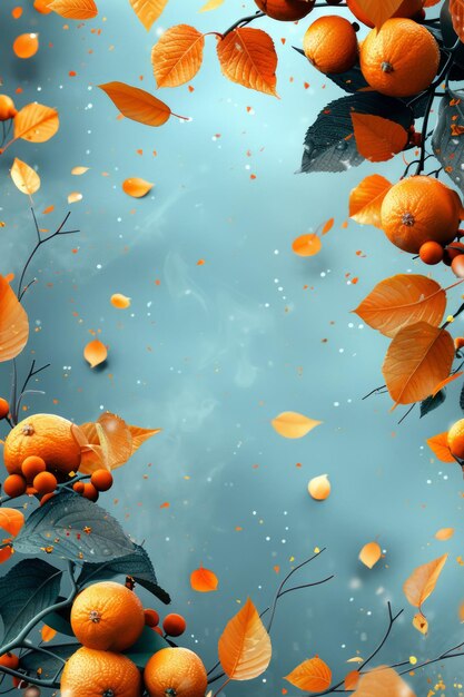 Photo autumn themed digital illustration art featuring vibrant oranges and autumn leaves floating peacefully in a striking blue background amidst graceful branches