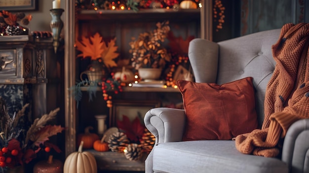 Autumn Themed Living Room with Cozy Grey Armchair and Inviting Decor