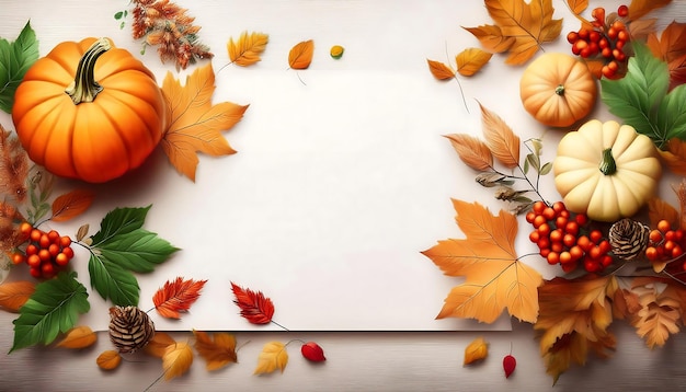 Autumn Top View Mockup simple autumn poster with scattered leaves a small pumpkins and white copy space for text or graphics Graphic art illustration poster