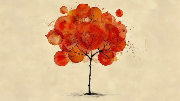 Autumn tree watercolor painting on old paper