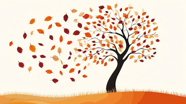 Photo autumn tree with leaves falling in the wind simple illustration