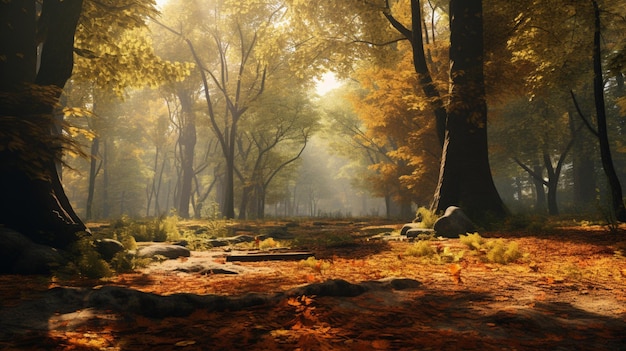 Autumn trees and leaves in sunlight Generative AI