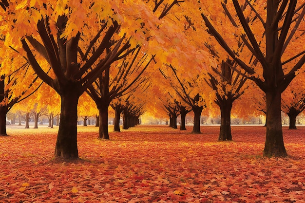 Autumn trees in park with fallen leaves