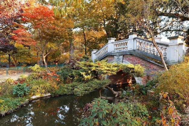 The autumn trees and small bridge in Parc Monceau Paris France