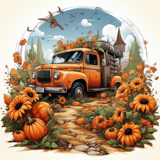 Autumn Truck tshirt Design Generative Ai