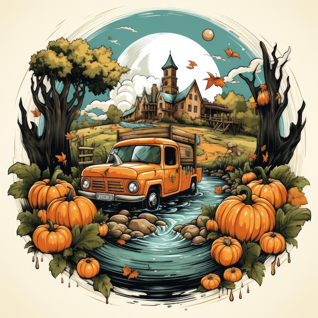 Autumn Truck tshirt Design Generative Ai