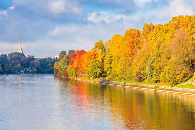 Autumn in Turin with Po' river Piedmont region Italy landscape with blue sky