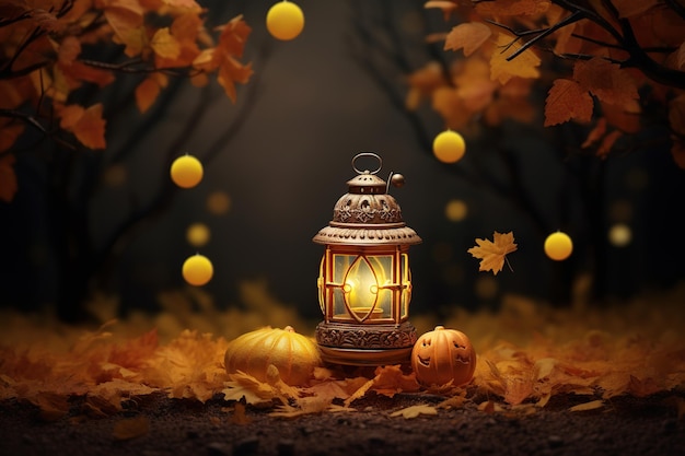 Autumn Vibe With Candies And Lantern Glowing Moon