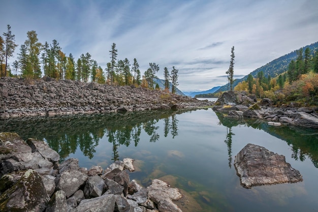 Autumn view of the amazingly beautiful Lake Teletskoye Lost World Altai Mountains Russia