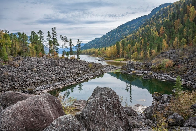 Autumn view of the amazingly beautiful Lake Teletskoye Lost World Altai Mountains Russia