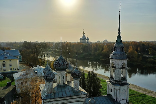 autumn vologda kremlin, drone top view, russia religion christian church