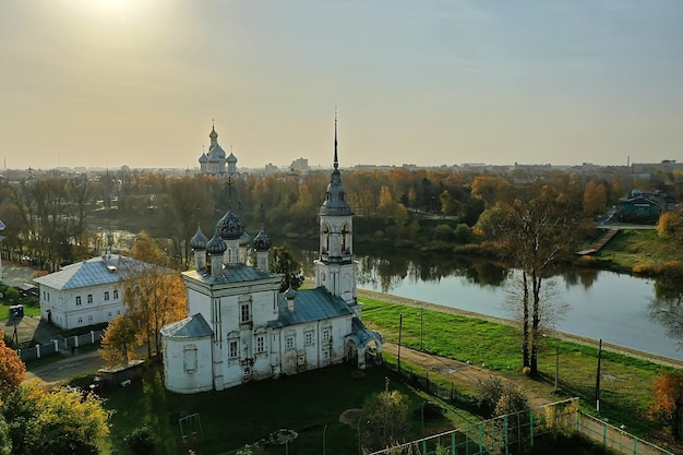 autumn vologda kremlin, drone top view, russia religion christian church