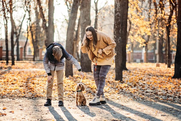 Autumn walks with the family happy family mother and teen boy son having fun with cocker spaniel