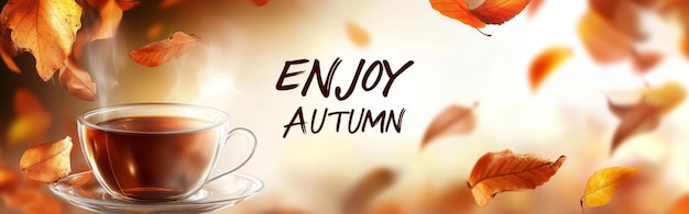 Photo autumn warm coffee cup on wooden table with falling leaves and enjoy autumn text background