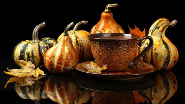 Photo autumn warmth with pumpkin spice coffee and colorful gourds