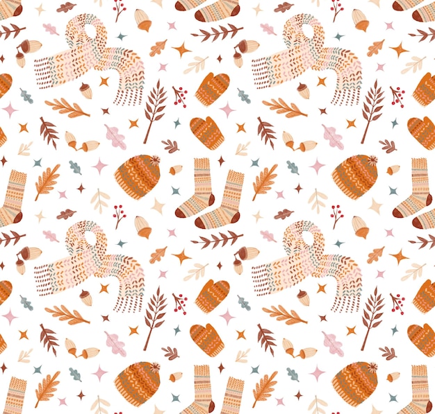 Autumn watercolor cozy seamless pattern. knitting socks, scarf, oak leaves, cap acorn branch berries