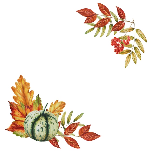 Autumn watercolor isolated illustration on white background Pumpkins maple leaf acorns oak leaf