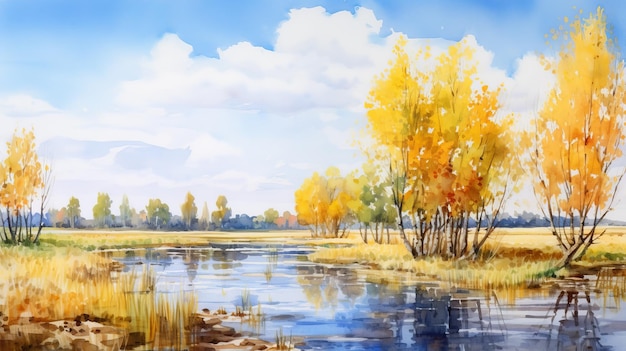 Autumn Watercolor Painting Skyblue And Yellow Rural Landscapes