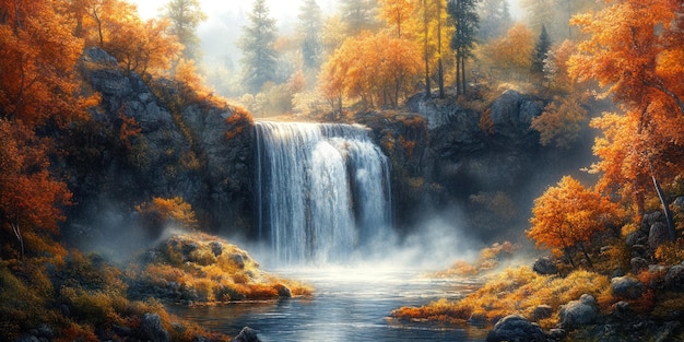 Autumn Waterfall in a Misty Forest