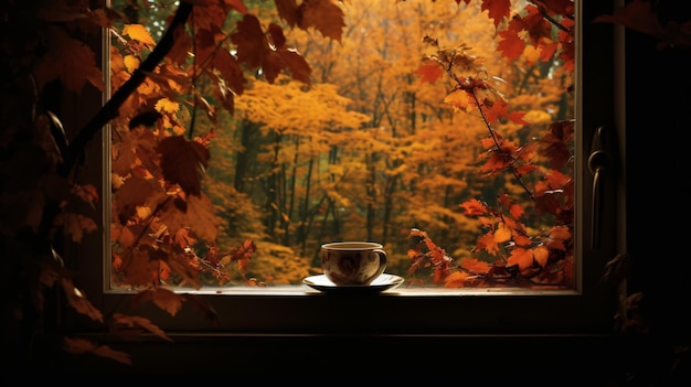 Autumn window coffee cup