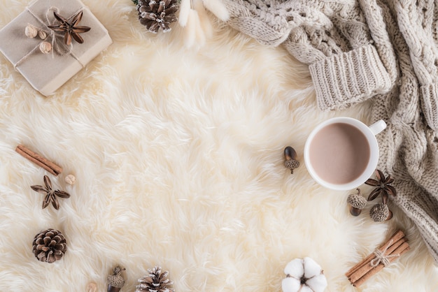 Autumn or winter composition on cream colour fluffy background. Flat lay  .