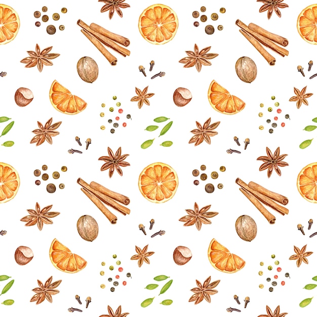 Autumn and winter seamless pattern with hand drawn watercolor mulled wine ingredients.