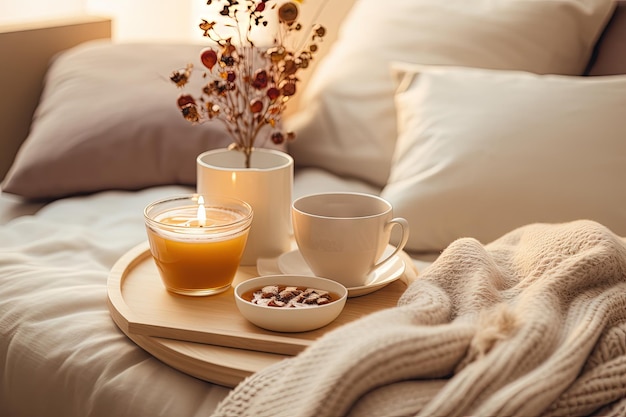 Autumn or winter themed cozy interior with morning sunlight illuminating a serving tray holding swea