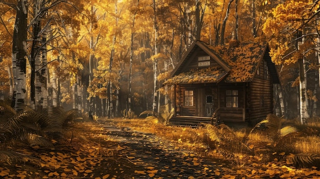 Autumn Woodland with Rustic Cabin and Golden Foliage