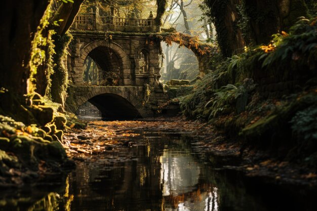 Autumn woods with stream bridge and animals generative IA