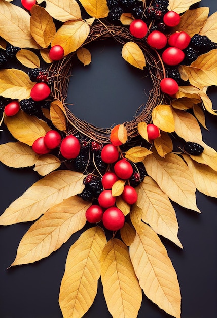 Autumn wreath made of leaves berries mockup flat lay with copy spaceWeeding and party invitation