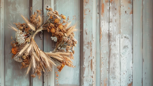 Photo an autumn wreath made of pampas grass wheat hanging on a door