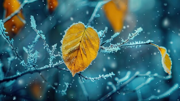 Autumn yellow leaf on a branch in frost needles Morning frost Rime Late fall